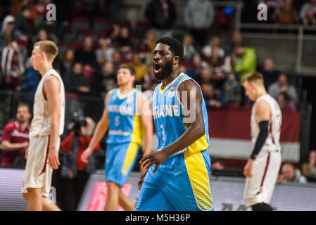 Riga, Lettland. 23 Feb, 2018. FIBA Basketball WM 2019 Qualifikation Spiel: Lettland - Ukraine. Arena Riga. Credit: gints Ivuskans/Alamy leben Nachrichten Stockfoto