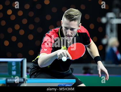 London, Großbritannien. 23 Feb, 2018. Ruwen Filus Deutschlands während der International Table Tennis Federation Team World Cup Match zwischen Ruwen Filus Deutschlands und Ma Lange von China bei Kupfer, Arena am Freitag, den 23. Februar 2018. LONDON ENGLAND. Credit: Taka G Wu Credit: Taka Wu/Alamy leben Nachrichten Stockfoto