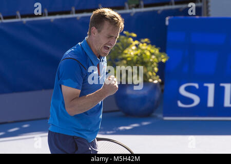 Delray Beach, FL, USA. 23 Feb, 2018. Delray Beach, FL - 23. Februar: Peter Gojowczyk (GER) feiert nach dem Sieg über Rielly Opelka (USA) 76 (5) 63 während ihrer Viertelfinale Spiel 2018 Delray Beach geöffnet an der Delray Beach Tennis Center in Delray Beach, Florida statt. Credit: Andrew Patron/Zuma Kabel Credit: Andrew Patron/ZUMA Draht/Alamy leben Nachrichten Stockfoto