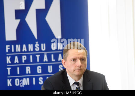 Riga, Lettland, 24. Feb 2018. Pressekonferenz über die Fortschritte in Bezug auf die EZB (Europäische Zentralbank) und FCMC (Finanz- und Kapitalmarktkommission) Entscheidung über ABLV Bank als. in Riga, Lettland Stockfoto