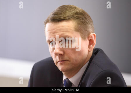 Riga, Lettland, 24. Feb 2018. Pressekonferenz über die Fortschritte in Bezug auf die EZB (Europäische Zentralbank) und FCMC (Finanz- und Kapitalmarktkommission) Entscheidung über ABLV Bank als. in Riga, Lettland Stockfoto