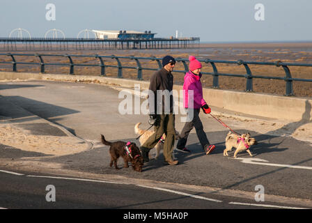 Southport, Merseyside. 24. Februar, 2018. UK Wetter. Kalter Wind und blauer Himmel an der Küste als Anwohner Übung nehmen entlang der Strandpromenade. MediaWorldImages/AlamyLiveNews. Stockfoto