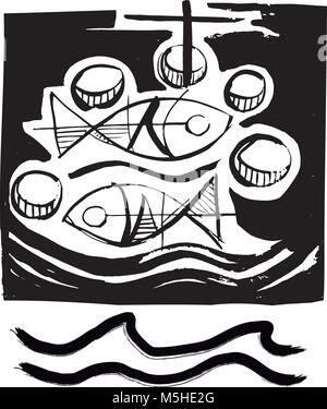 Hand gezeichnet vector Abbildung oder Zeichnung von fünf Brote und zwei Fische Stock Vektor