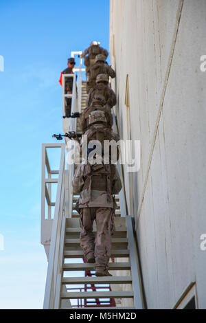 Marines mit 3Rd Battalion, 7th Marine Regiment, Aufstieg an die Spitze eines Gebäudes an der Reihe 220 an Bord der Marine Corps Air Ground Combat Center Twentynine Palms, Calif., Feb 9, 2018 als Teil der integrierten Übung 2-18. Der Zweck von ITX ist eine anspruchsvolle, realistische Umgebung, produziert combat ready"-Kräfte, die als integrierte Magtf zu erstellen. (U.S. Marine Corps Stockfoto