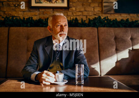 Portrait von eleganten älterer Mann in einem Cafe sitzen Stockfoto