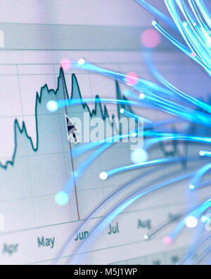 Finanzcharts und Faseroptik symbolisiert innovative Entwicklung der Börsen Stockfoto
