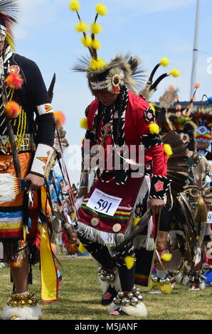 Männliche Aborigines Tänzer mit atemberaubenden farbenfrohen Kostüme und headpieces, Tanz bei einem Pow Wow Wettbewerb Stockfoto