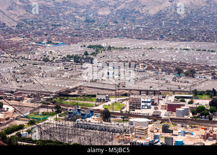 Vista de Cementerios Presbítero Maestro y El Angel desde el Cerro San Cristóbal/Luftaufnahme von Lima alten Friedhöfe von San Cristobal Hügel. Stockfoto