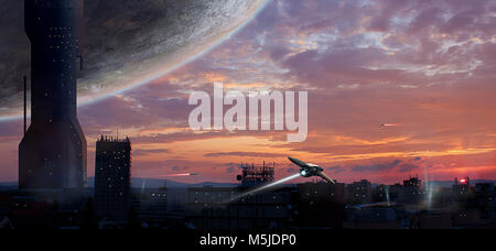 Sci-fi Stadt mit Planeten und Raumschiffe, Foto Manipulation, Elemente von der NASA eingerichtet. 3D-Rendering Stockfoto
