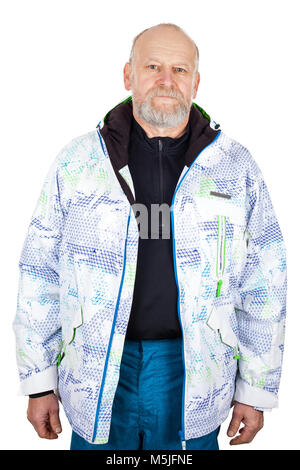 Ältere athletischen Mann in Ski Anzug posiert o Hintergrund isoliert Stockfoto