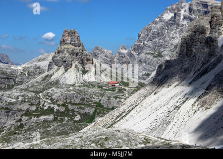 Entlang der Spaziergang Tre Cime di Laveredo Trail, drei der berühmtesten Gipfel der Dolomiten, in den Sextner Dolomiten, Italien, Europa Stockfoto