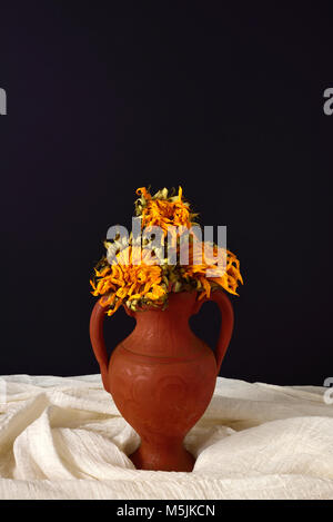 Drei sterben gelbe Blumen in einer Vase Terrakotta, auf einem musselin Tuch, vor einem schwarzen Hintergrund. Stockfoto