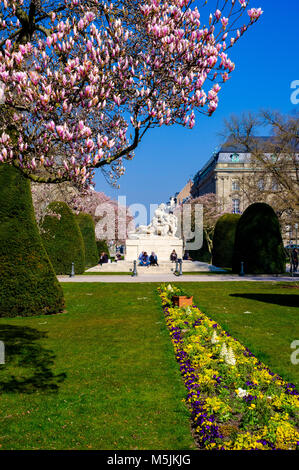 Blühenden Magnolienbäumen, Kriegerdenkmal, Place de la République, Neustadt, Straßburg, Elsass, Frankreich, Europa, Stockfoto