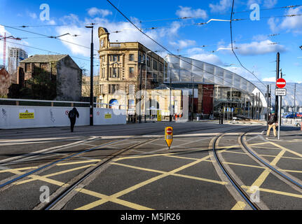 Manchester Victoria Station in Manchester, England, ist ein kombinierter Bahnhof und Metrolink Tram Stop. Stockfoto