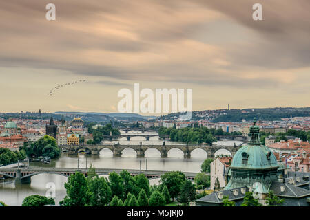 Die Aussicht auf Prag und die Moldau mit vier bridgesin Anblick, bei Sonnenuntergang mit einem herannahenden Sturm und Vögel in den Himmel. Stockfoto
