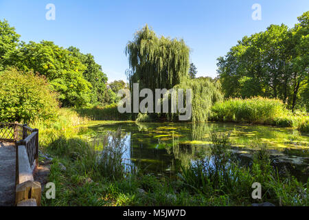 Querformat der Naturpark mit Pfad, Weg, Wiese, Grün große Bäume und See unter den kleinen Hügeln und Wald auf der strahlend blaue Himmel Hintergrund. Stockfoto