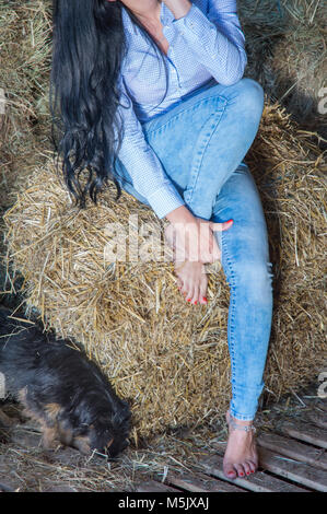 Zugeschnittenes Bild der weiblichen sitzen auf dem Ballen Heu ihr Bein festhalten, mit einem Hund in der Ecke Stockfoto