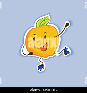 Fröhlich, lustig orange Zeichen - ein Apfel mit Blättern auf grauem Hintergrund. Vector Illustration. Stock Vektor