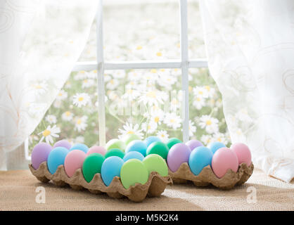 Ostern shopping Thema: bunte Eier in einem Ei Kiste auf das Fenster an einem sonnigen Tag Stockfoto