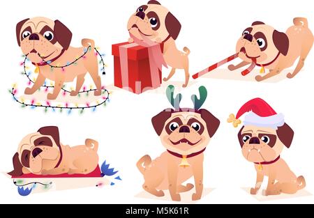 Cartoon Hund gesetzt. Vektor Sammlung von Weihnachten Welpe Charakter. Design für Kalender, Postkarten oder Plakate. Stock Vektor