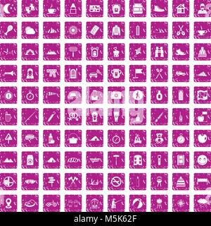100 Family Camping Icons Set grunge Rosa Stock Vektor