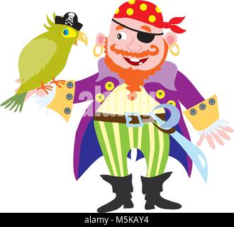 Ein Cartoon pirate mit einem grünen Papagei Stock Vektor