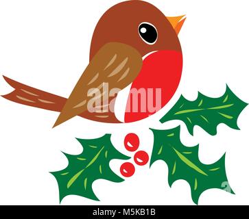 Weihnachten Robin mit Holly Blättern und roten Beeren Stock Vektor