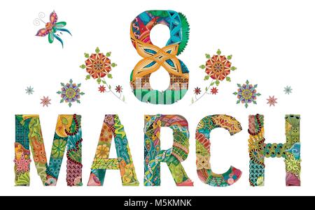 Grußkarte mit Blumenschmuck. Hand gezeichnet Abbildung 8. März für t-shirt und andere Dekoration Stock Vektor
