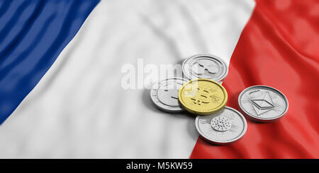 Cryptocurrency in Frankreich Konzept. Golden bitcoin und Vielfalt von Silber virtuelle Münzen auf Flagge Frankreich Hintergrund. 3D-Darstellung Stockfoto