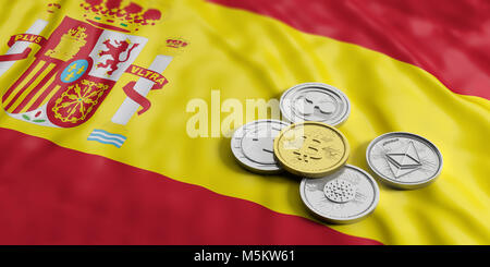 Cryptocurrency in Spanien Konzept. Golden bitcoin und Vielfalt von Silber virtuelle Münzen auf Spanien Flagge Hintergrund. 3D-Darstellung Stockfoto