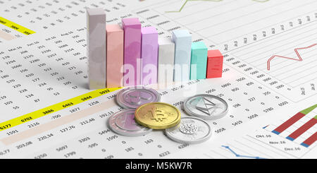 Cryptocurrency Wachstum. Bitcoin, cardano, des Astraleums, litecoin und Welligkeit in Balkendiagrammen Hintergrund. 3D-Darstellung Stockfoto