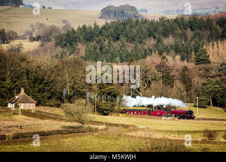 LMS-Jubiläum der Klasse 6 MT 4-6-0 Nr. 45699 Galatea Lokomotive führt durch kleine Salkeld in Cumbria. Stockfoto