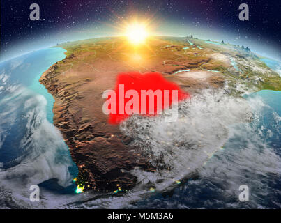 Satellitenansicht von Botswana in rot markiert auf dem Planeten Erde mit Wolken bei Sonnenaufgang. 3D-Darstellung. Elemente dieses Bild von der NASA eingerichtet. Stockfoto