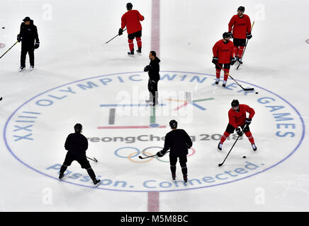 PyeongChang, Südkorea, 24. Feb 2018. Gangneung, Südkorea. 24 Feb, 2018. Deutsche hockey Trainer Marco Sturm (M) beobachtet eine Schulung der Deutschen Mannschaft an Kwandong-Hockey-Zentrum in Tainan, Südkorea, 24. Februar 2018. Credit: Peter Kneffel/dpa/Alamy leben Nachrichten Stockfoto