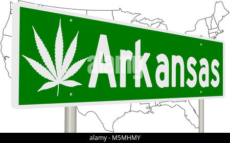Rendering von einem grünen Hinweisschild mit Marihuana Blatt für Arkansas Stockfoto
