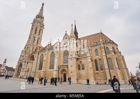 Kirche von St. Matyas in Budapest. Foto im Februar 17, 2018 in der Stadt Budapest in Ungarn. Stockfoto