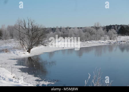 Wunderschöne Landschaft River Bank in kalten Wintertag fallen/ Schnee und Rauhreif aussehen wie märchenhaften Ort Stockfoto