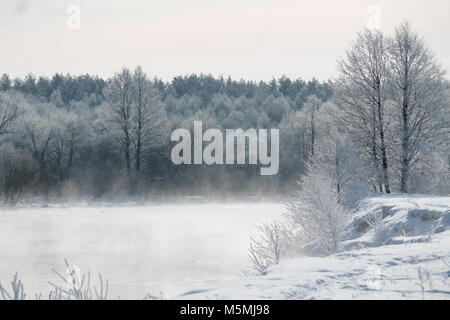 Wunderschöne Landschaft River Bank in kalten Wintertag fallen/ Schnee und Rauhreif aussehen wie märchenhaften Ort Stockfoto
