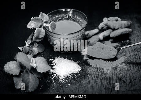 Kaffee der Gelbwurz, Curcuma longa, Haldi, Ajowan, Trachyspermum ammi und salz, Natriumchlorid. Stockfoto