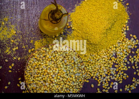 Coriandrum sativum / Koriander / dhaniya Öl mit getrockneten Koriander Samen in einem Ton Schüssel. Stockfoto