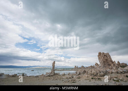 Mit Gewitterwolken brauen, Sand tufas stand hoch über Mono Lake, Kennzeichnung Rezession der salzigen Wasser über Jahrtausende in Lee Vining, Kalifornien Stockfoto