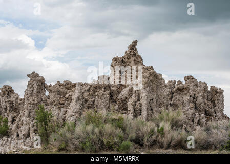 Mit Gewitterwolken brauen, Sand tufas stand hoch über Mono Lake, Kennzeichnung Rezession der salzigen Wasser über Jahrtausende in Lee Vining, Kalifornien Stockfoto