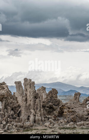 Mit Gewitterwolken brauen, Sand tufas stand hoch über Mono Lake, Kennzeichnung Rezession der salzigen Wasser über Jahrtausende in Lee Vining, Kalifornien Stockfoto