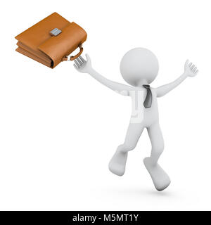 Der Mann mit dem Aktenkoffer springt und sich freut. 3D-Rendering. Stockfoto