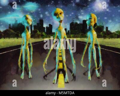 Fantastische Malerei. Drei aliens steht auf der Straße. Stadt am Horizont Stockfoto