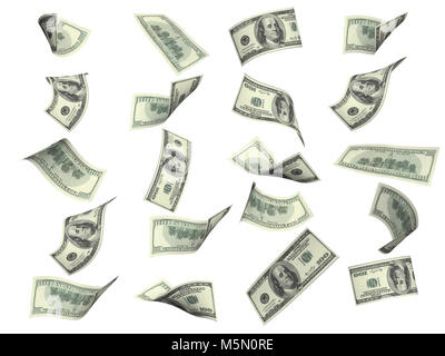 Sammlung von fliegenden Banknoten von hundert Dollar. Ansicht aus verschiedenen Blickwinkeln. Auf weissem Hintergrund. 3D-Rendering Stockfoto