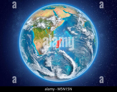 Madagaskar in rot Modell des Planeten Erde mit Wolken und Atmosphäre im Raum. 3D-Darstellung. Elemente dieses Bild von der NASA eingerichtet. Stockfoto