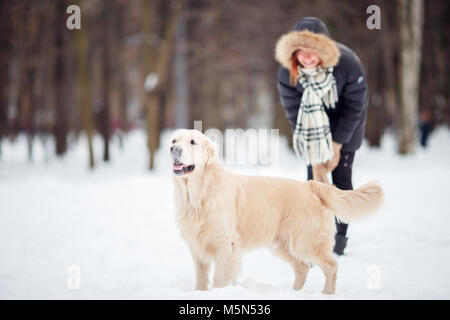 Bild der Frau auf den Spaziergang mit Labrador in Snowy Park Stockfoto