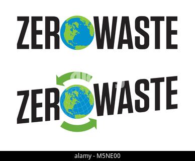 Null Abfall Abzeichen oder Emblem Vektor Design. Satz mit zwei Null Abfall grafik design Elemente mit rotierenden recyceln Pfeile Symbol und das Symbol für den Planeten Erde. Stock Vektor