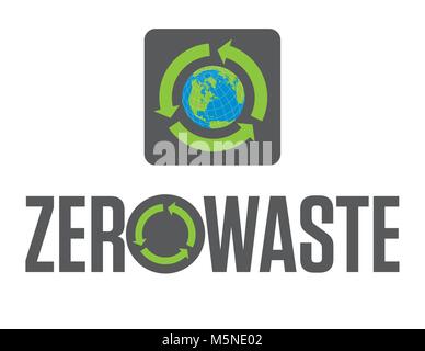 Null Abfall Abzeichen oder Emblem Vektor Design. Satz mit zwei Null Abfall grafik design Elemente mit rotierenden recyceln Pfeile Symbol und das Symbol für den Planeten Erde. Stock Vektor